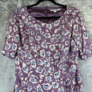 Boden Purple Floral Midi Dress UK12 US8 Short Sleeve Sheath Lined Flirty (1406)